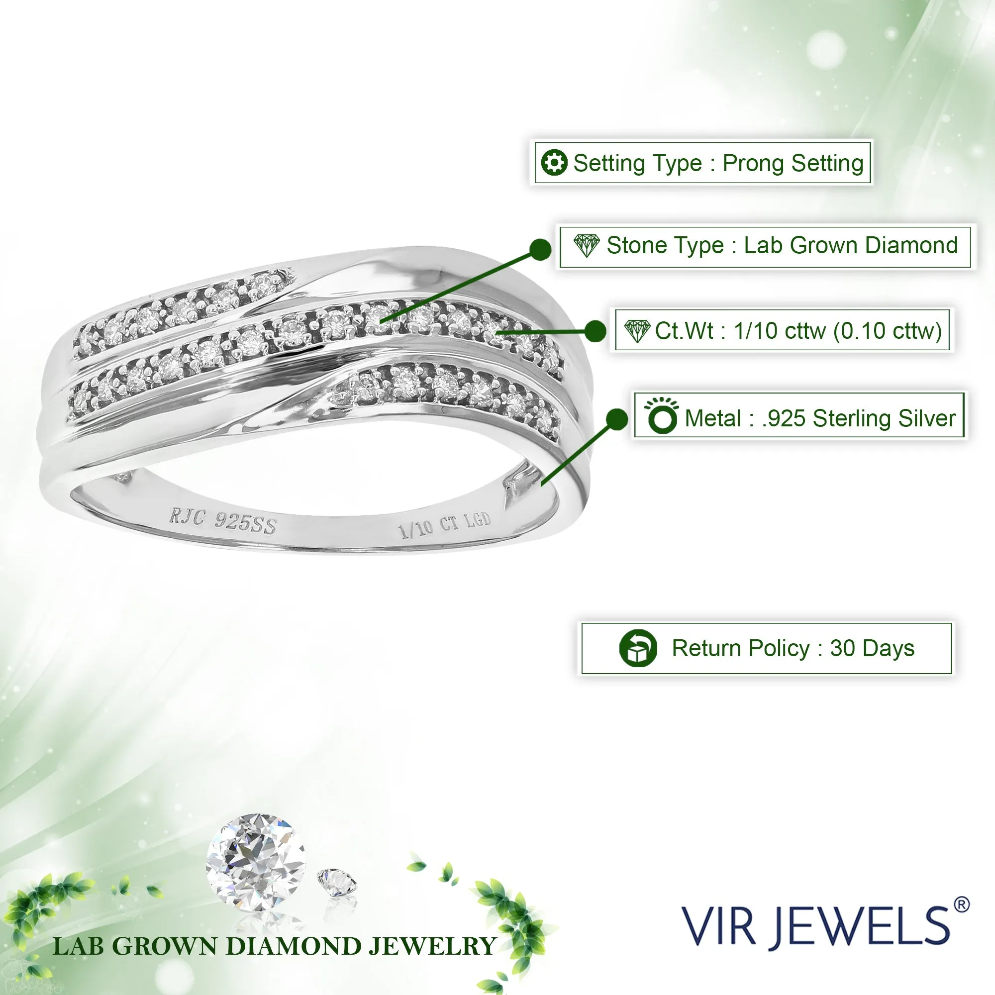 1/10 cttw Lab Grown Diamond Three Row Wedding Band in Sterling Silver
