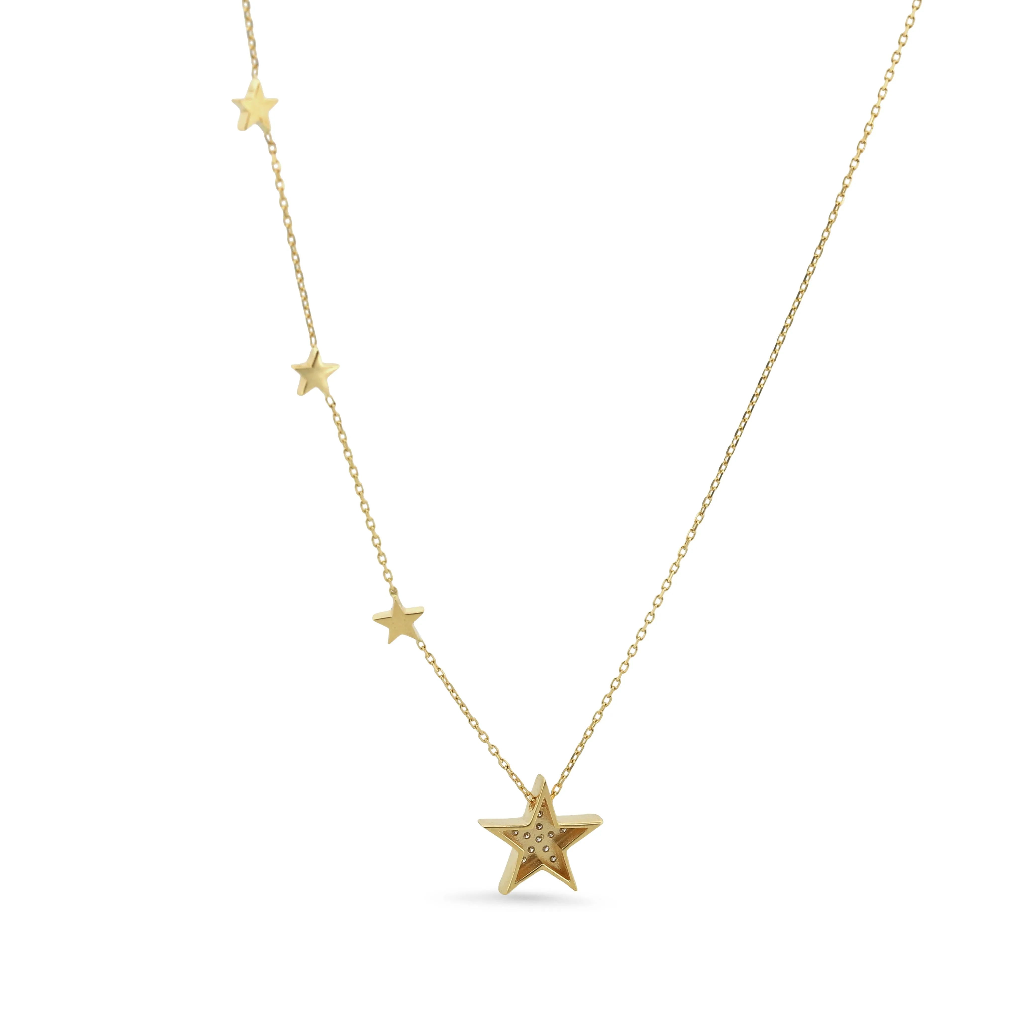 14k Yellow Gold Stars Station Diamond Pendant Necklace
