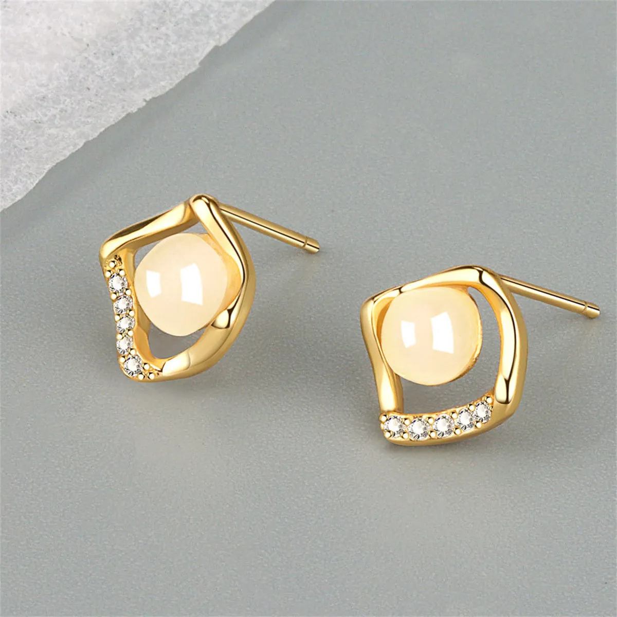 18K Gold-Plated Cats Eye & Cubic Zirconia Rhombus Stud Earrings