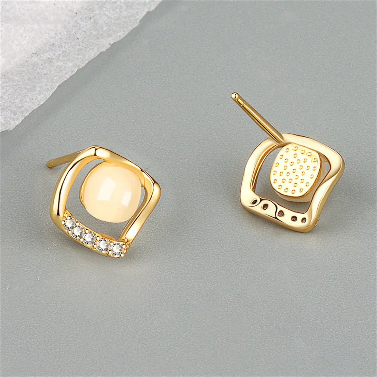 18K Gold-Plated Cats Eye & Cubic Zirconia Rhombus Stud Earrings