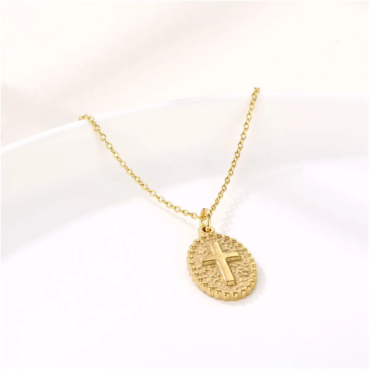 18K Gold-Plated Oval Cross Pendant Necklace