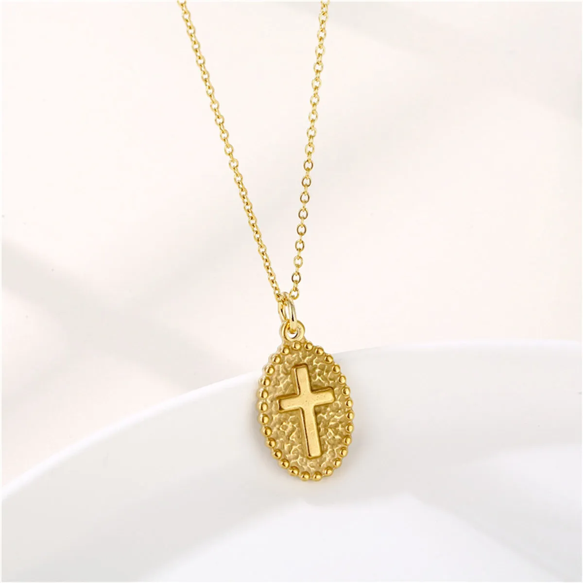18K Gold-Plated Oval Cross Pendant Necklace