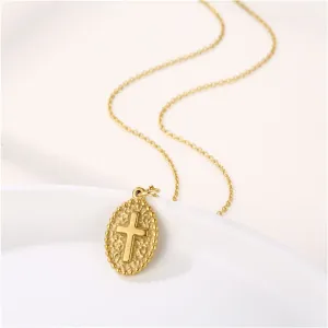 18K Gold-Plated Oval Cross Pendant Necklace