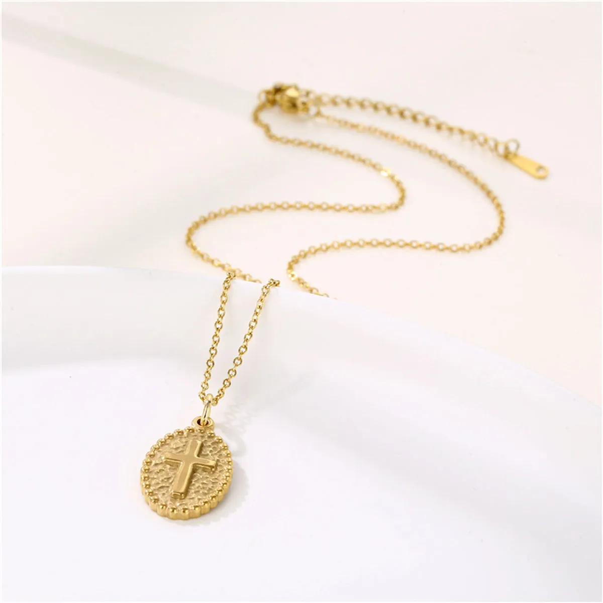 18K Gold-Plated Oval Cross Pendant Necklace