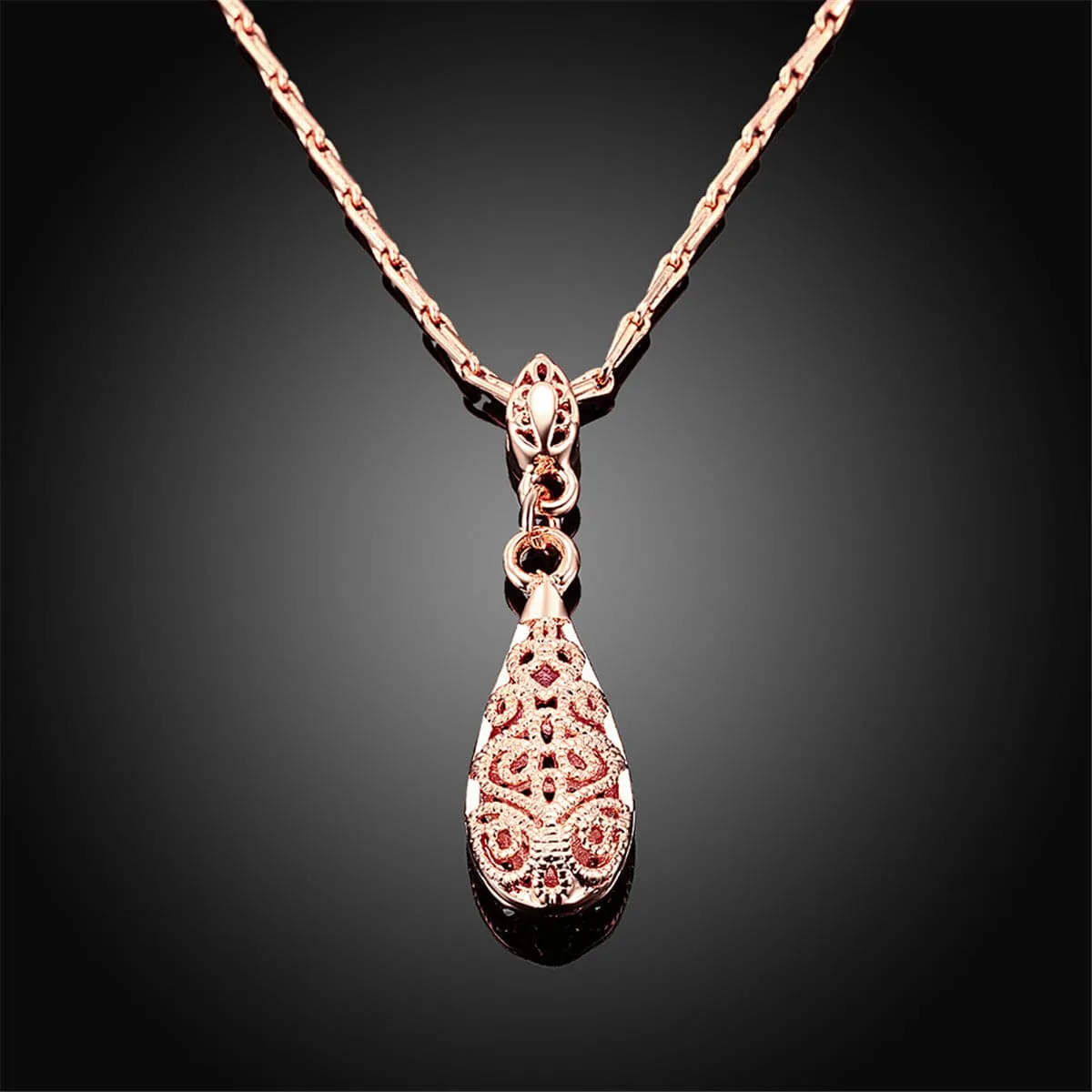 18K Rose Gold-Plated Filigree Teardrop Pendant Necklace