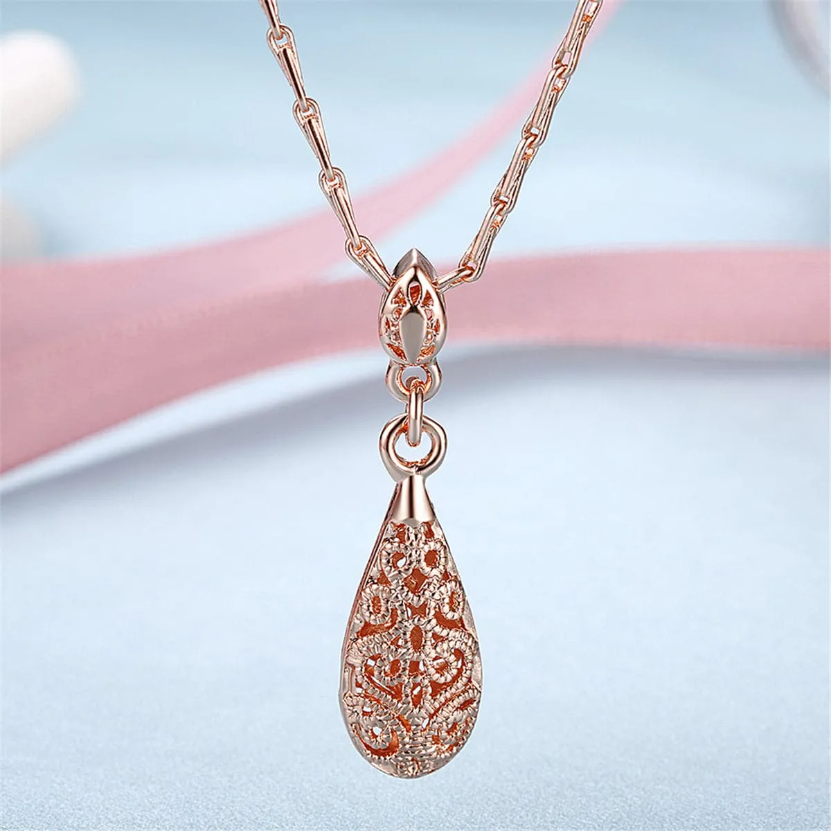 18K Rose Gold-Plated Filigree Teardrop Pendant Necklace