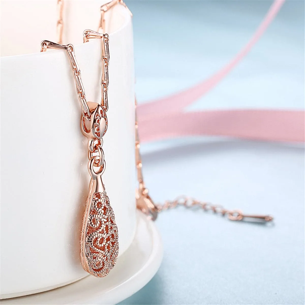 18K Rose Gold-Plated Filigree Teardrop Pendant Necklace