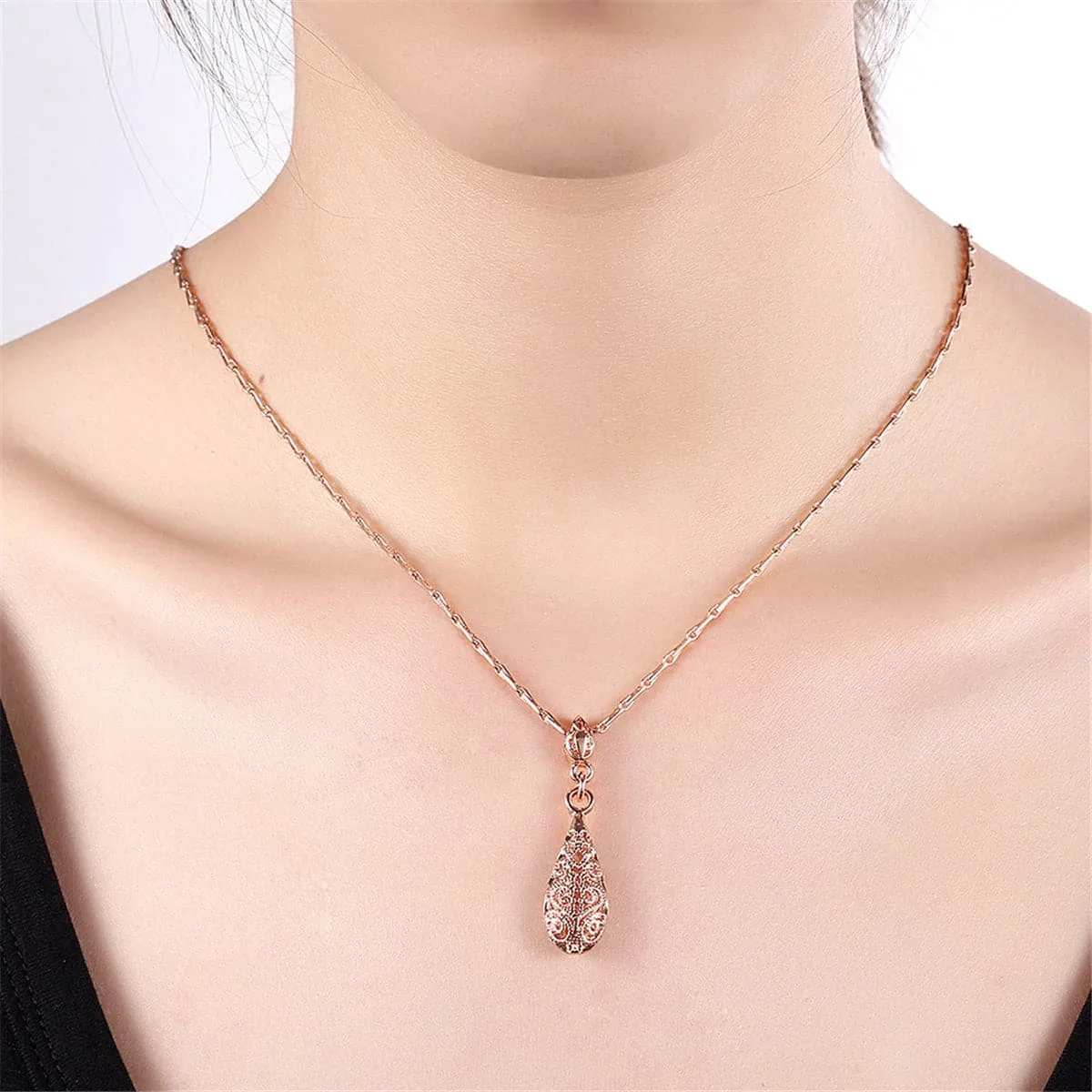 18K Rose Gold-Plated Filigree Teardrop Pendant Necklace