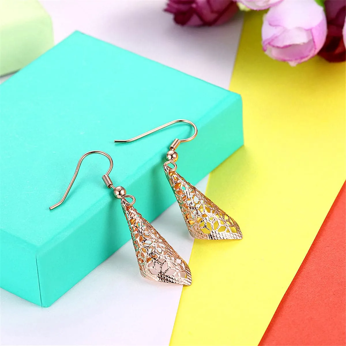 18K Rose Gold Plated Romantic Filigree Drop Earrings