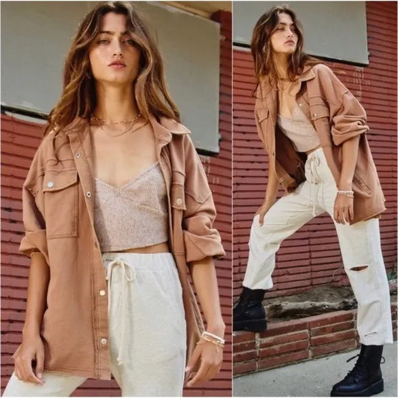 (50)New French Terry Women's Fall Comfortable Shacket Snap Button Jacket Top