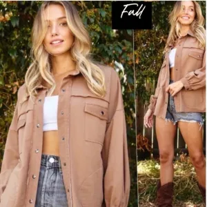 (50)New French Terry Women's Fall Comfortable Shacket Snap Button Jacket Top