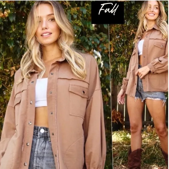 (50)New French Terry Women's Fall Comfortable Shacket Snap Button Jacket Top