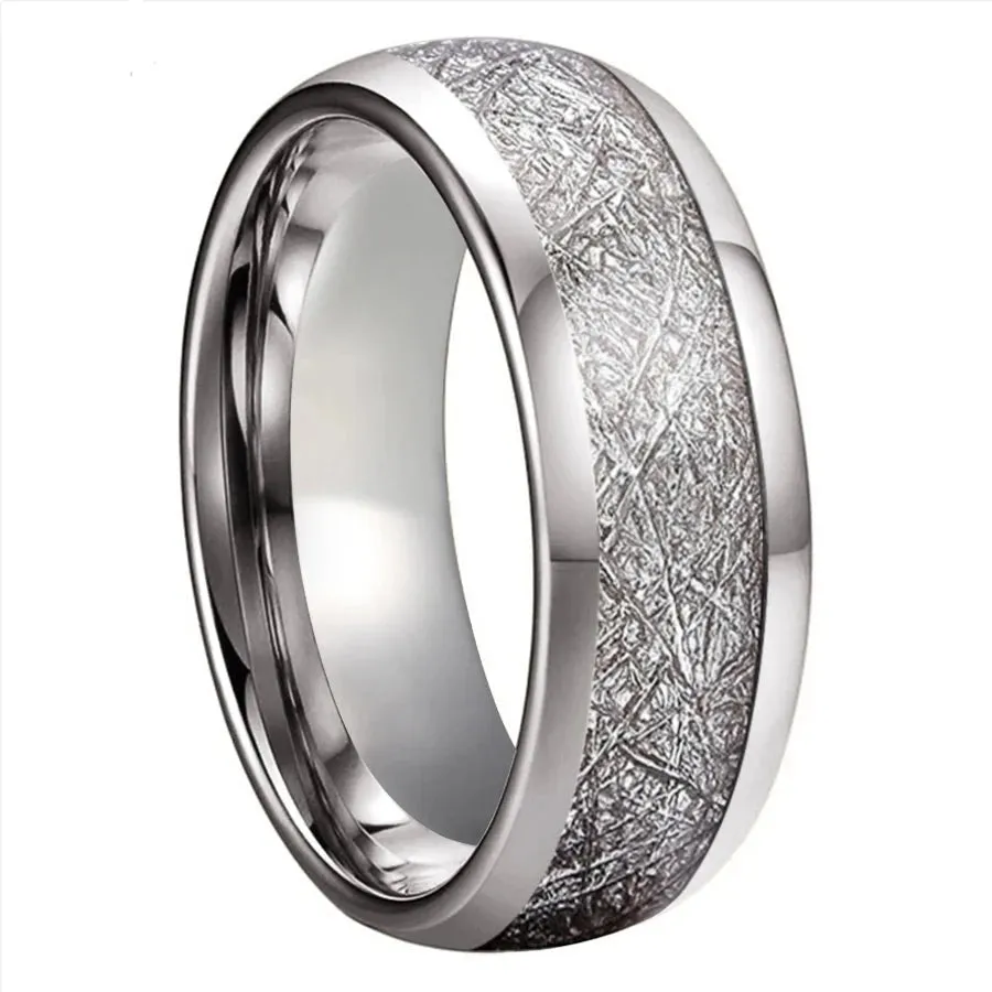 8mm Dome Polished Tungsten Wedding Band with Meteorite Inlay