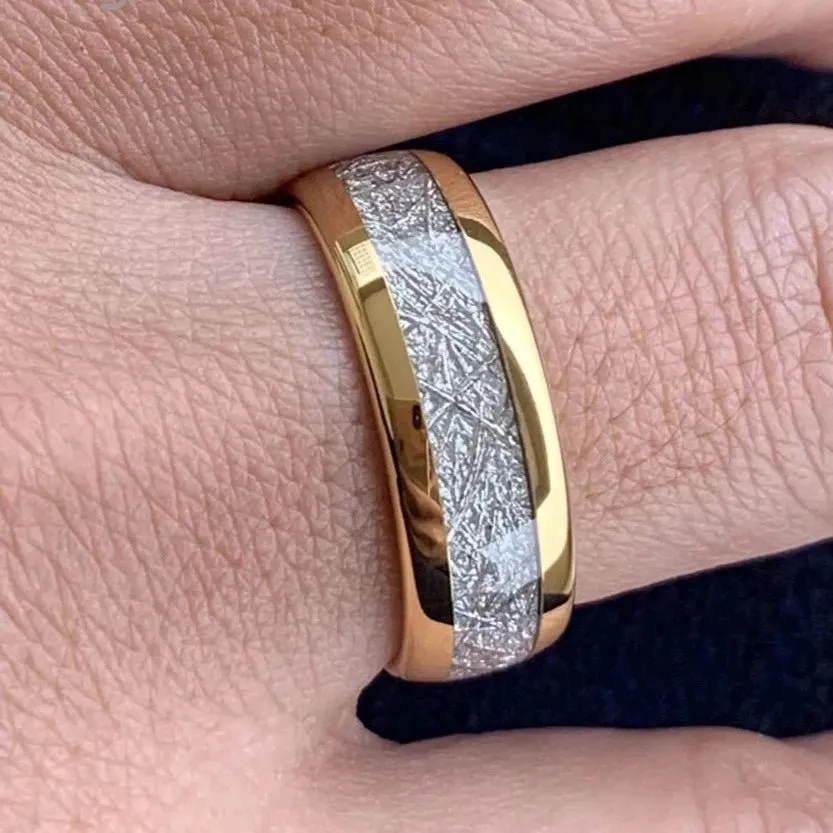 8mm Dome Polished Tungsten Wedding Band with Meteorite Inlay