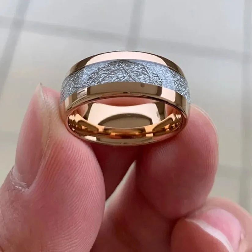 8mm Dome Polished Tungsten Wedding Band with Meteorite Inlay