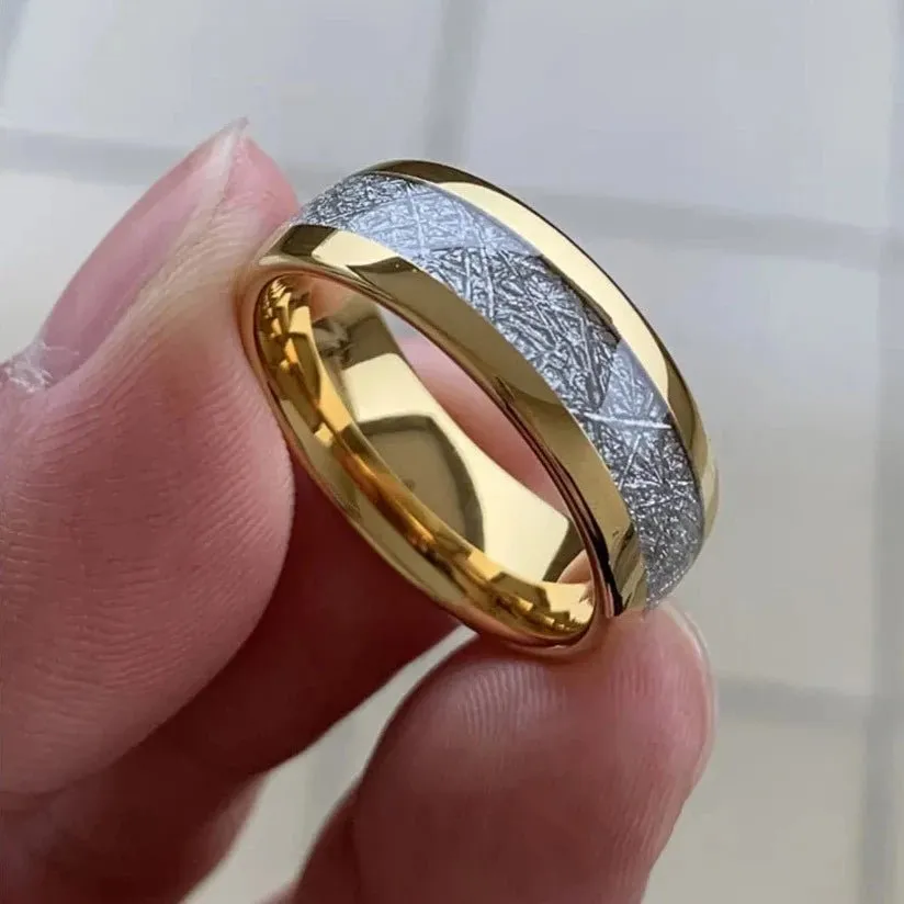 8mm Dome Polished Tungsten Wedding Band with Meteorite Inlay