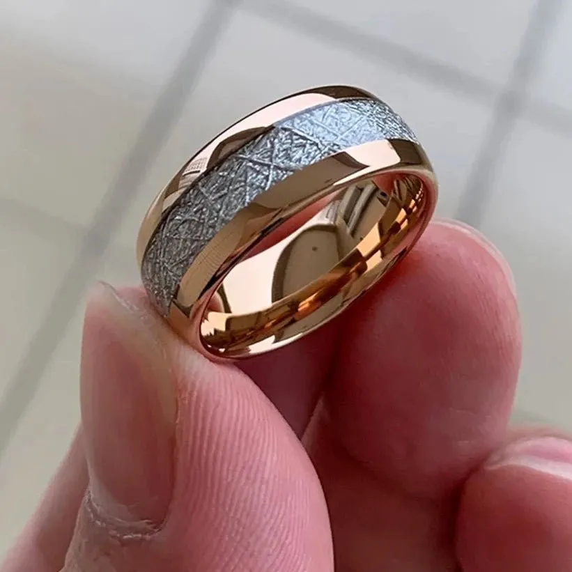 8mm Dome Polished Tungsten Wedding Band with Meteorite Inlay