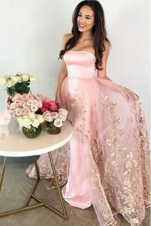 A-Line Strapless Floor-Length Pink Prom Dress with Appliques OHC058