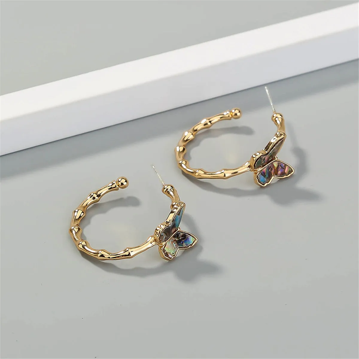 Abalone & 18K Gold-Plated Bamboo Butterfly Open Hoop Earrings