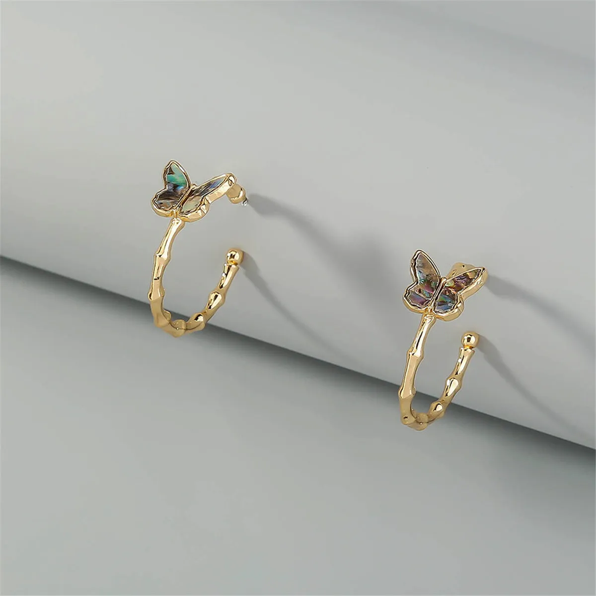 Abalone & 18K Gold-Plated Bamboo Butterfly Open Hoop Earrings