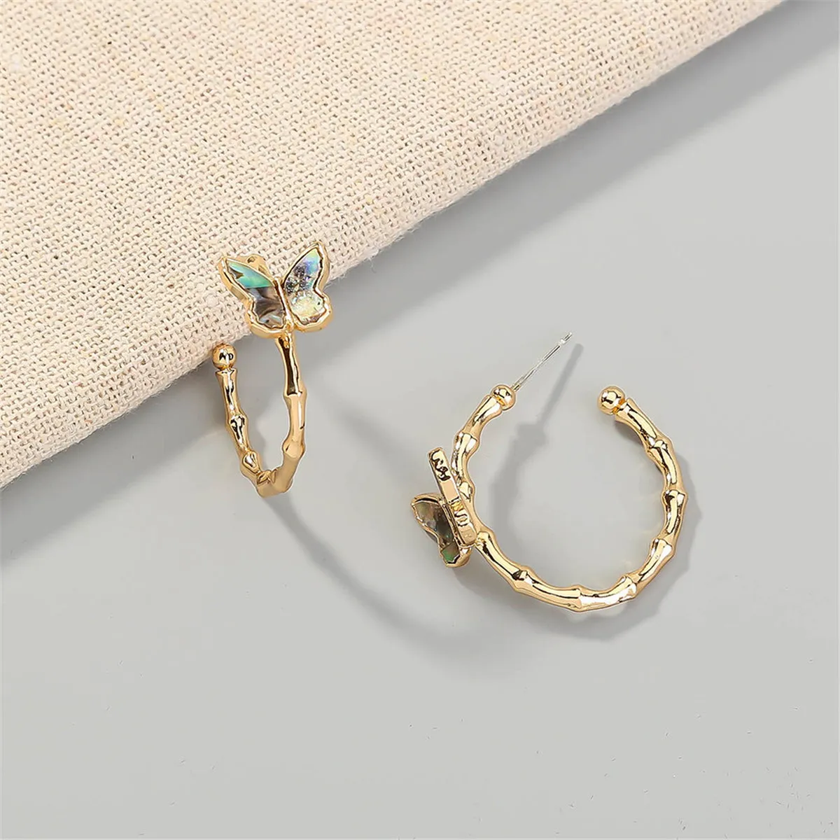 Abalone & 18K Gold-Plated Bamboo Butterfly Open Hoop Earrings