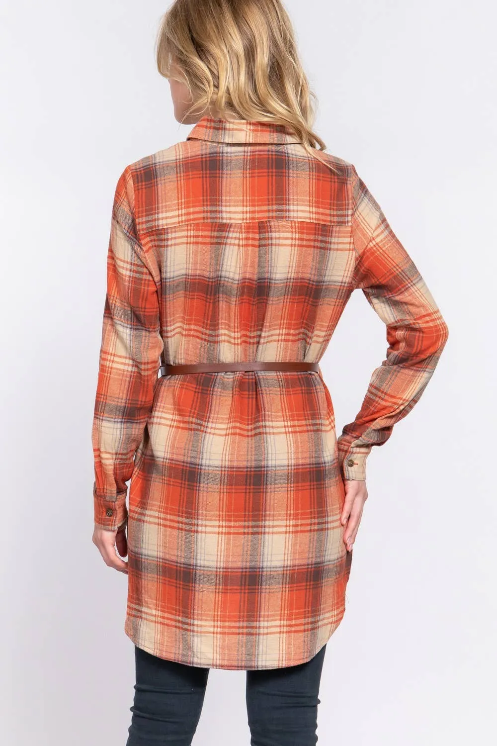 Active Basic Long Sleeve Plaid Tunic Shirt With Belt