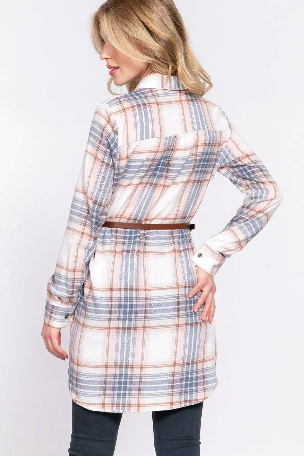 Active Basic Long Sleeve Plaid Tunic Shirt With Belt