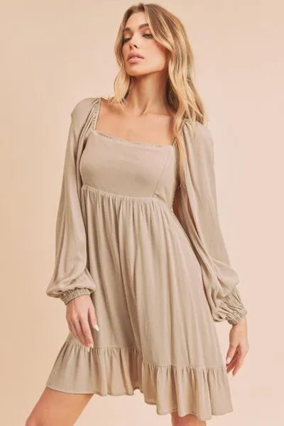 Aemi   Co Ruffled Hem Square Neck Balloon Sleeve Mini Dress