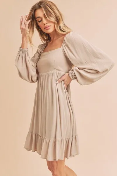 Aemi   Co Ruffled Hem Square Neck Balloon Sleeve Mini Dress
