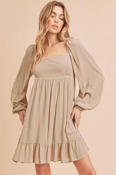 Aemi   Co Ruffled Hem Square Neck Balloon Sleeve Mini Dress