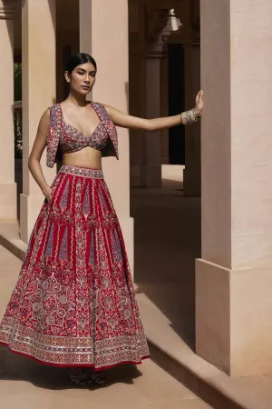 Alakana SEWA Hand-embroidered Silk Skirt Set - Red
