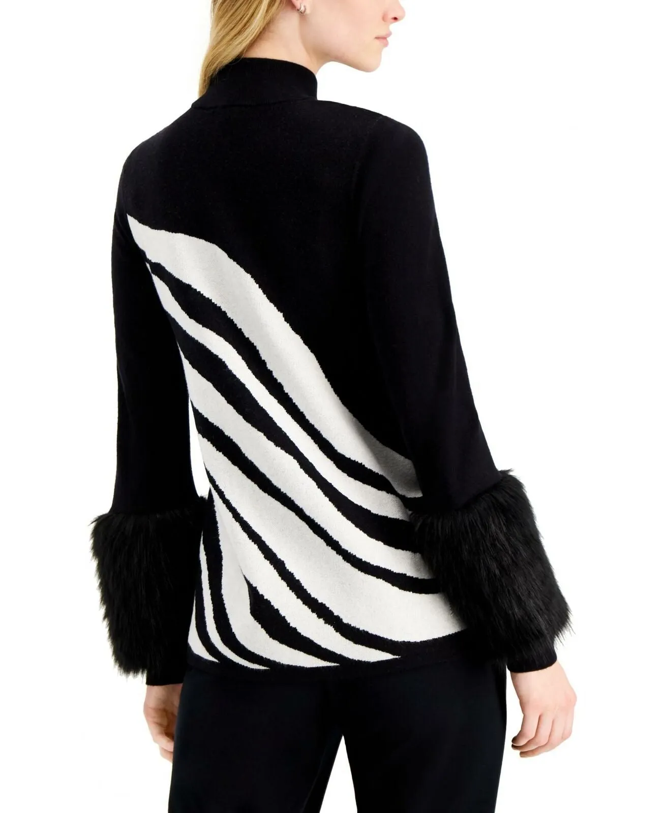 Alfani Women's Animal Stripe Faux Fur Cuff Sweater