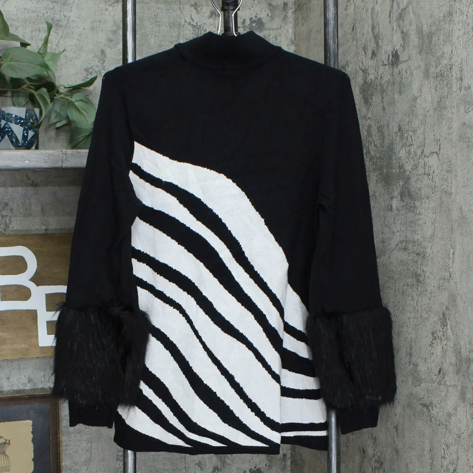 Alfani Women's Animal Stripe Faux Fur Cuff Sweater