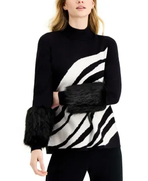 Alfani Women's Animal Stripe Faux Fur Cuff Sweater