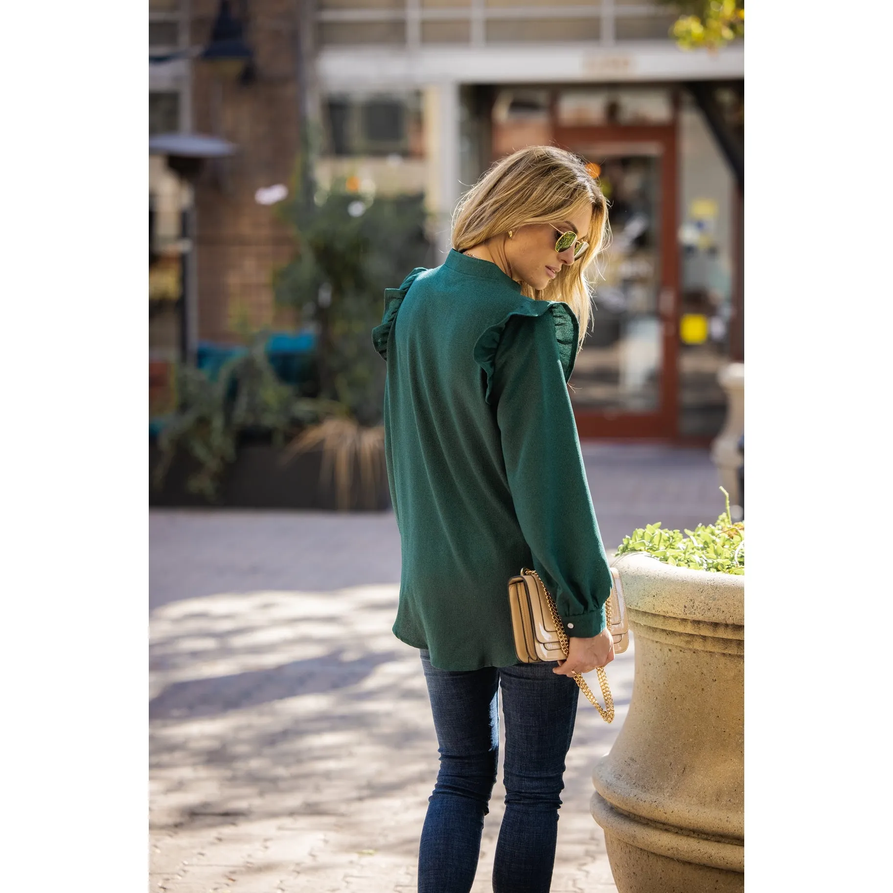 Amaryllis Woven Ruffle Notch Neck Blouse
