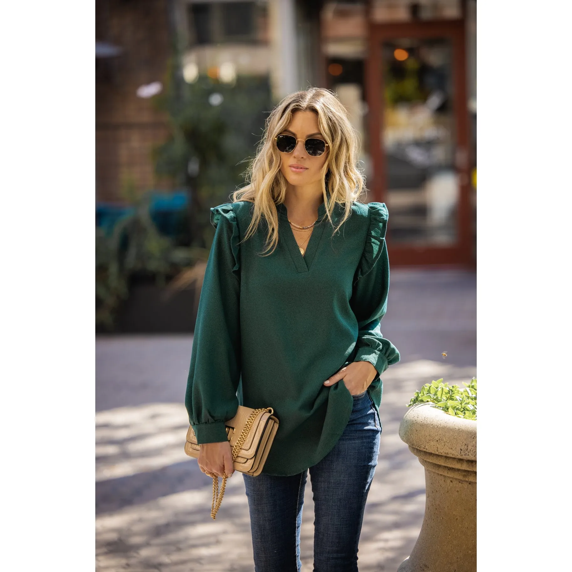 Amaryllis Woven Ruffle Notch Neck Blouse