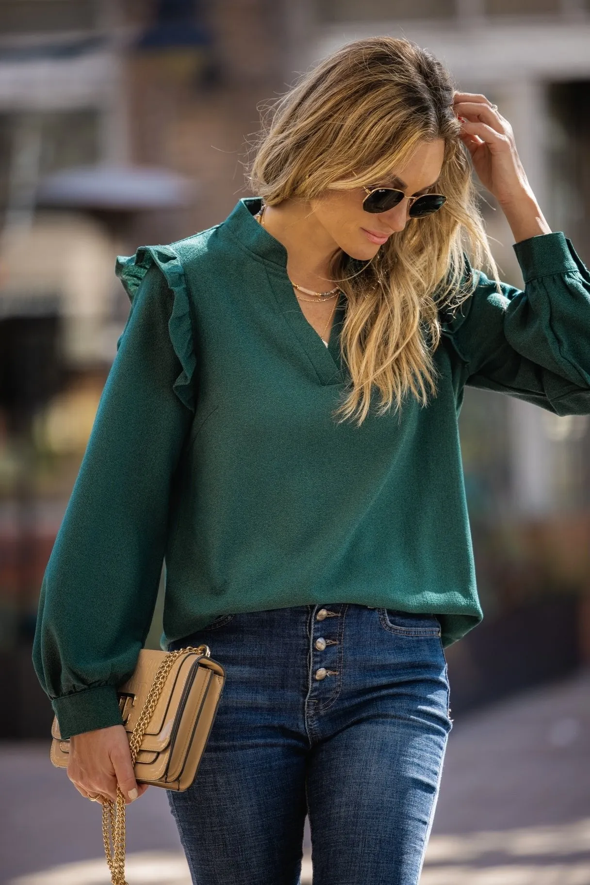 Amaryllis Woven Ruffle Notch Neck Blouse