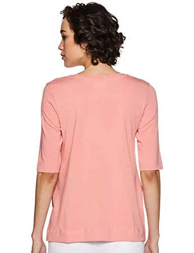 Amazon Brand - Symbol Women's Solid Regular Fit 3/4 Sleeves T-Shirt (SYMSS19TS019_Coral_Large)