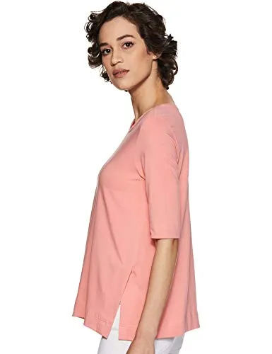 Amazon Brand - Symbol Women's Solid Regular Fit 3/4 Sleeves T-Shirt (SYMSS19TS019_Coral_Large)