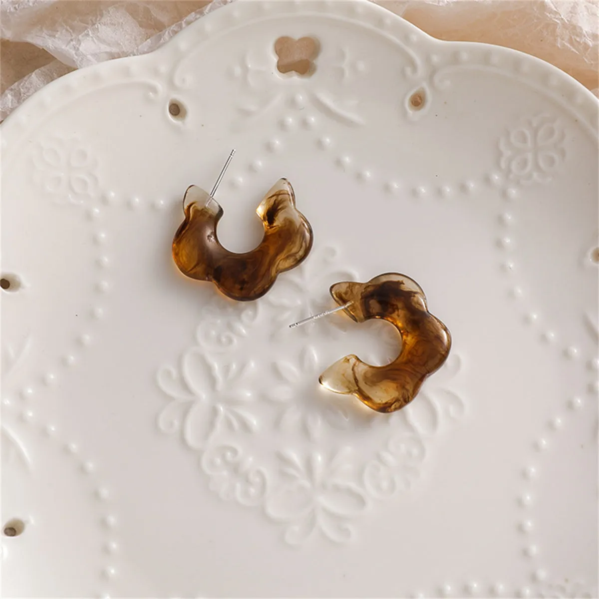 Amber Acrylic & Silver-Plated Flower Stud Earring