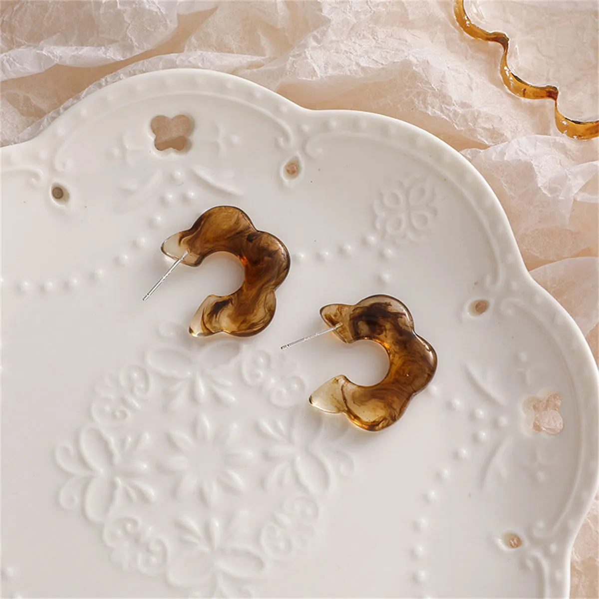 Amber Acrylic & Silver-Plated Flower Stud Earring