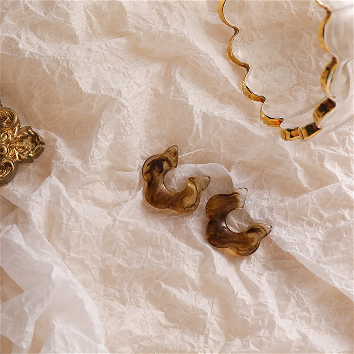 Amber Acrylic & Silver-Plated Flower Stud Earring