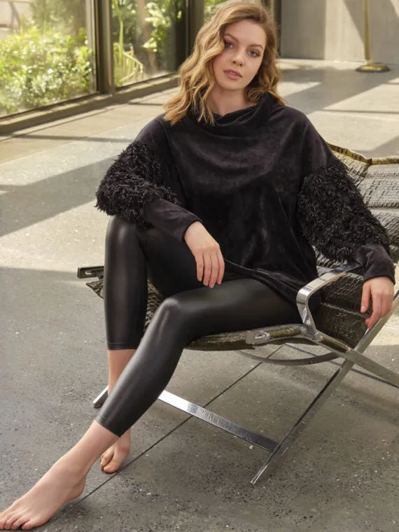 Anil Women’s Velvet Sleeve Detailed Long Sleeve Tunic And Leather Look Tights Set