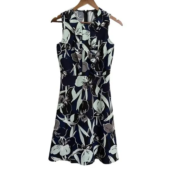 Ann Taylor Women's Blue Floral Ruffle Sleeveless Fit Flare Career Dress Size 0