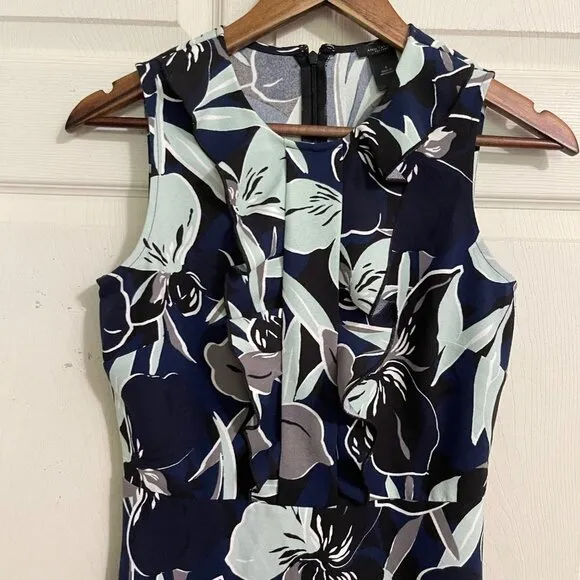 Ann Taylor Women's Blue Floral Ruffle Sleeveless Fit Flare Career Dress Size 0