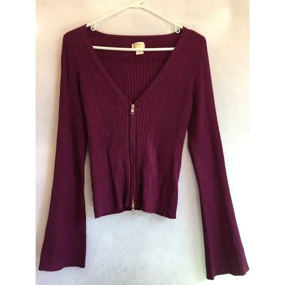 Anthropologie Maeve Womens Zip-Front Cardigan Sweater Medium Purple Ribbed knit