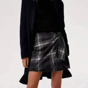 Aritzia Wilfred Dark Gray Plaid Wool Wrap Tie Front A-Line Mini Skirt - Sz 8