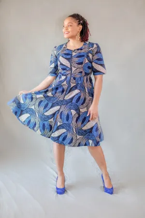 Ayama Zip Front dress -  Blue and Silver @E
