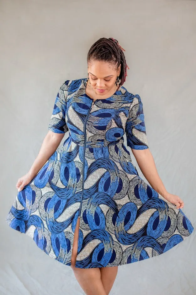 Ayama Zip Front dress -  Blue and Silver @E