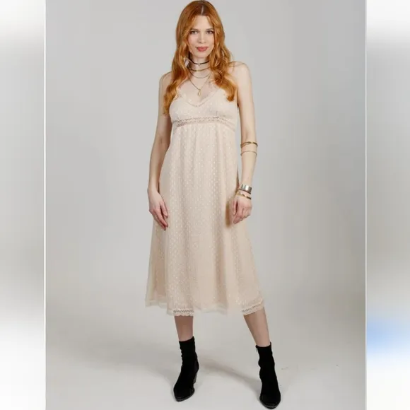 Band of the Free Amalie Slip Midi Dress Lace Semi-Sheer Dot Lace Lined Ivory S